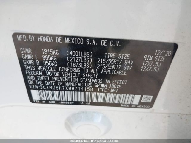 3CZRU5H7XMM714158 Honda Hr-v 2wd Ex-l