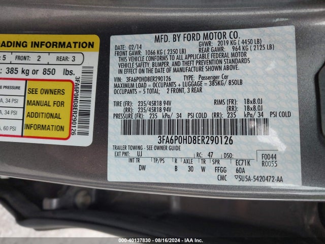 Ford FUSION SE 2014 3FA6P0HD8ER290126 Image 9
