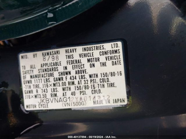 1999 KAWASAKI VN1500 JKBVNAG12XA014312 Photo 9