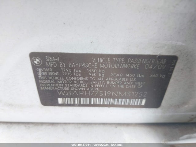 40137911 :رقم المزاد ، WBAPH77519NM31252 vin ، 2009 Bmw 328i مزاد بيع