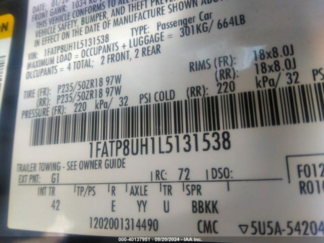 1FATP8UH1L5131538 Ford Mustang Ecoboost Premium