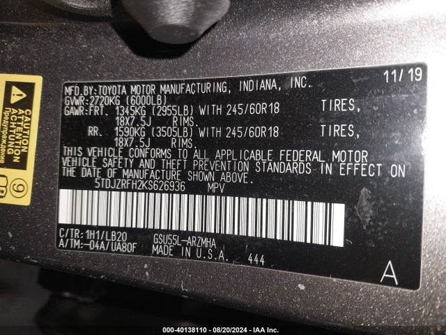 Toyota Highlander Xle 2019 5TDJZRFH2KS626936 Image 9