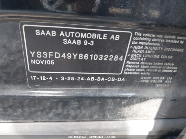2006 SAAB 9-3 YS3FD49Y861032284 Photo 8