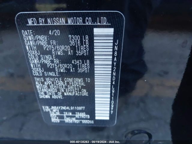 JN8AY2ND4L9110977 Nissan Armada Sl 2wd