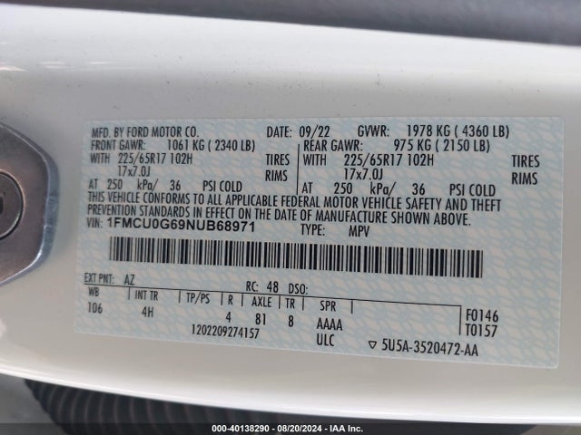 Ford ESCAPE SE 2022 1FMCU0G69NUB68971 Image 9