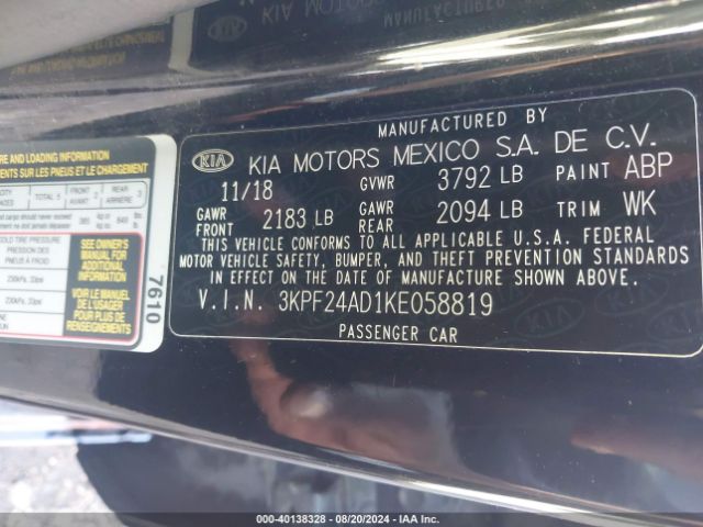 3KPF24AD1KE058819 KIA Forte Lxs