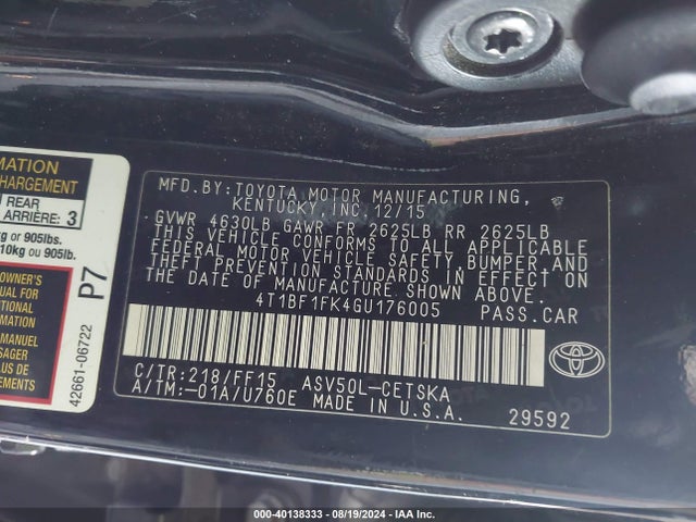 Toyota CAMRY SE 2016 4T1BF1FK4GU176005 Image 9