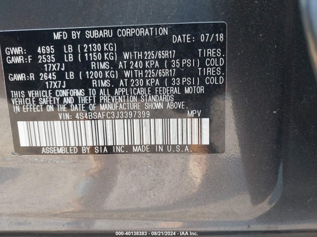 Subaru Outback 2.5i Premium 2018 4S4BSAFC3J3397399 Image 9