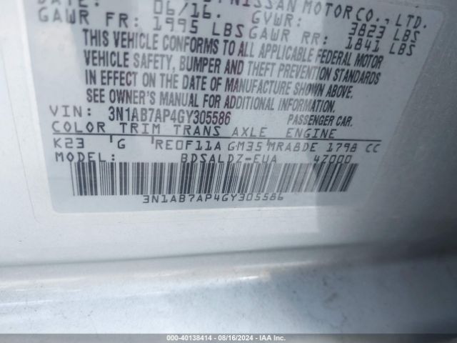 3N1AB7AP4GY305586 Nissan SENTRA SV