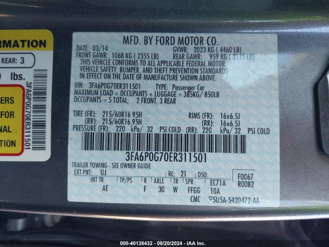 Ford FUSION S 2014 3FA6P0G70ER311501 Image 9