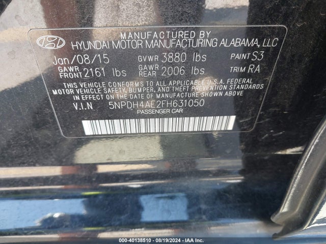 Hyundai ELANTRA SE 2015 5NPDH4AE2FH631050 Image 9