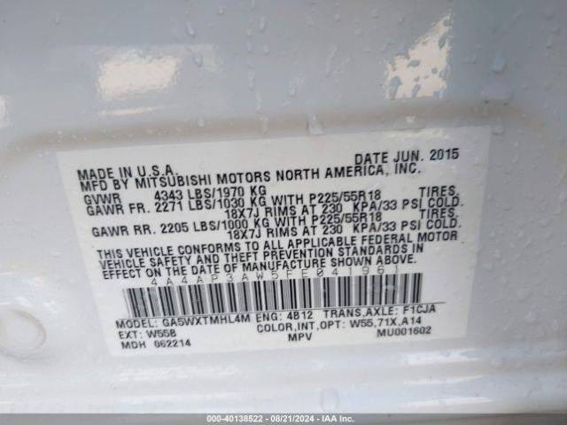 4A4AP3AW5FE041961 Mitsubishi Outlander Sport Es