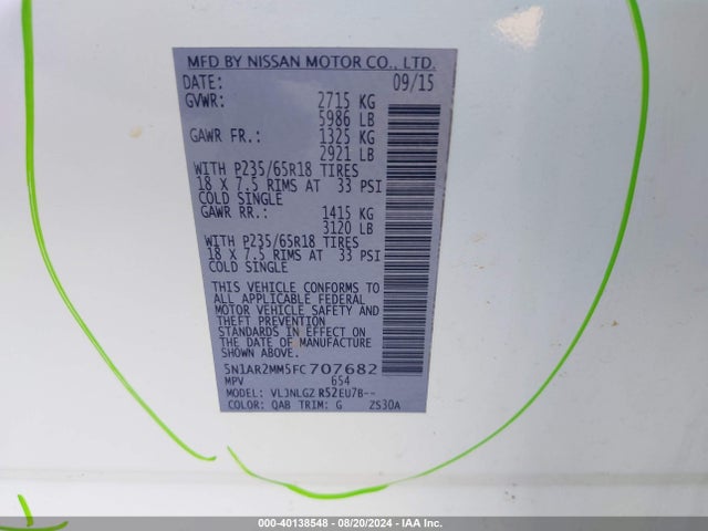 Nissan Pathfinder Sl 2015 5N1AR2MM5FC707682 Image 9