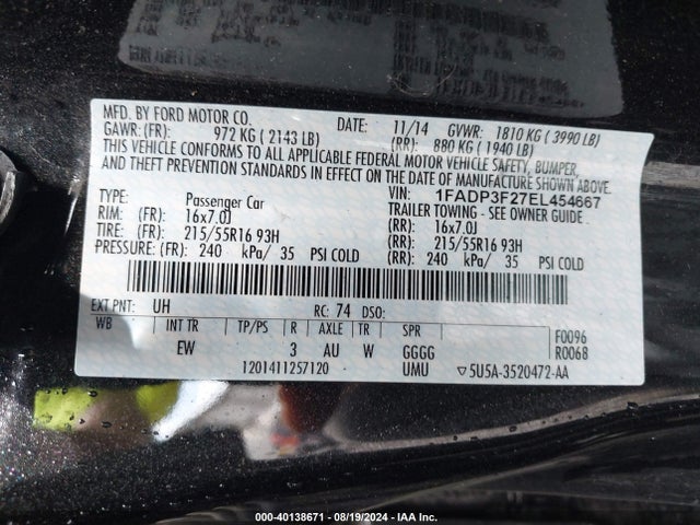 Ford FOCUS SE 2014 1FADP3F27EL454667 Image 9