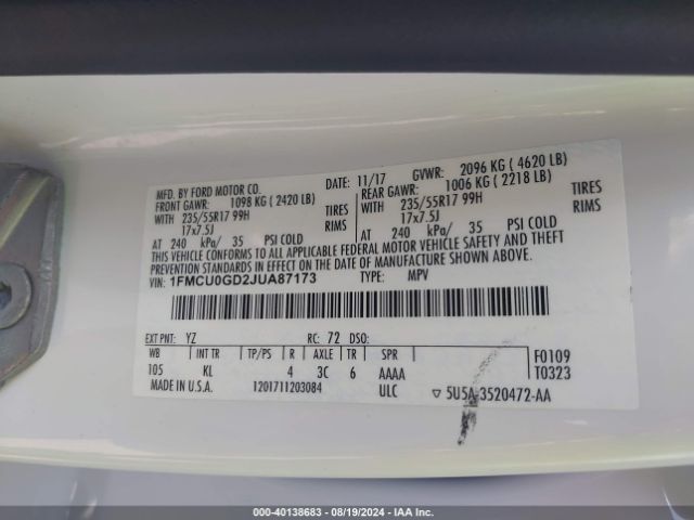 1FMCU0GD2JUA87173 Ford ESCAPE SE