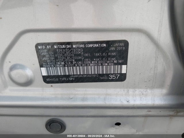 JA4AR3AU9KU021612 Mitsubishi Outlander Sport 2.0 Le