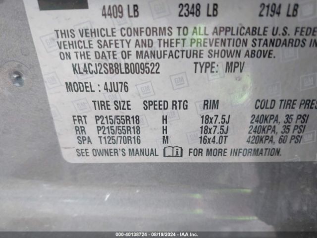 KL4CJ2SB8LB009522 Buick Encore Awd Sport Touring