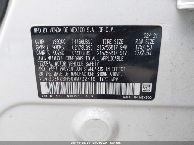 3CZRU6H56MM732418 Honda Hr-v Awd Ex