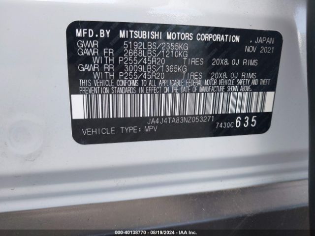 JA4J4TA83NZ053271 Mitsubishi Outlander Es 2.5 S-awc