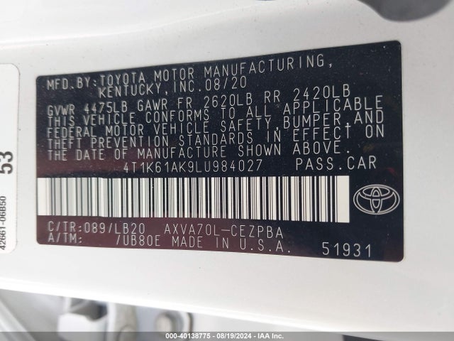 Toyota CAMRY XSE 2020 4T1K61AK9LU984027 Image 9