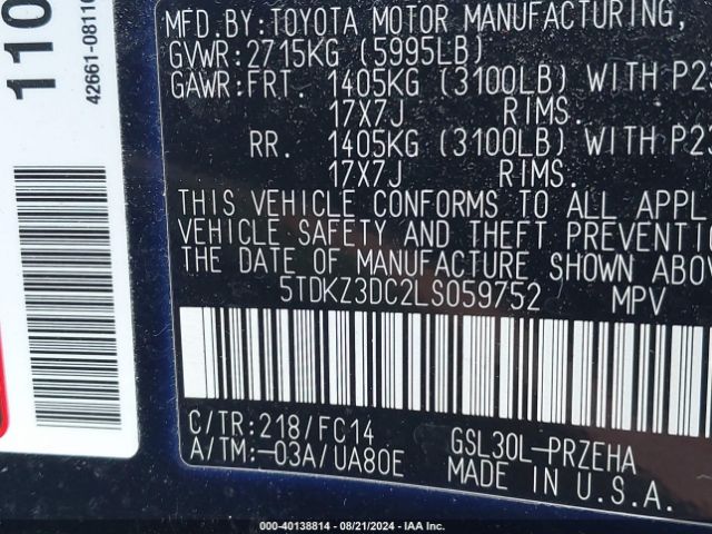 5TDKZ3DC2LS059752 Toyota SIENNA LE