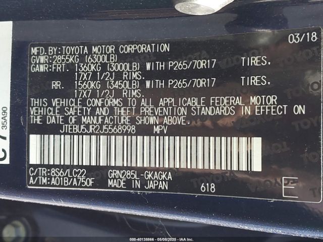 JTEBU5JR2J5568998 Toyota 4runner Trd Off Road Premium