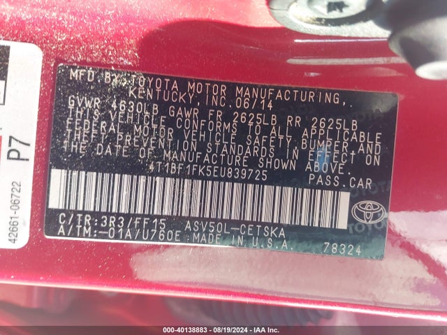 Toyota CAMRY SE 2014 4T1BF1FK5EU839725 Image 9