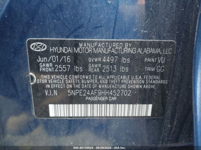 5NPE24AF9HH452702 Hyundai SONATA SE