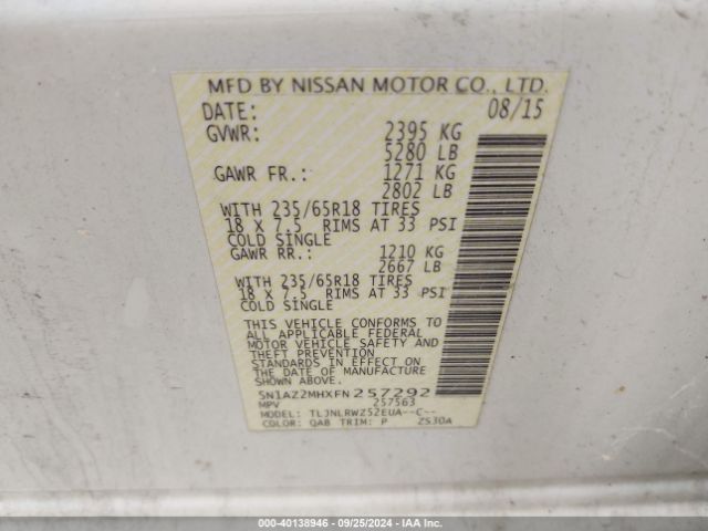 5N1AZ2MHXFN257292 Nissan MURANO SL