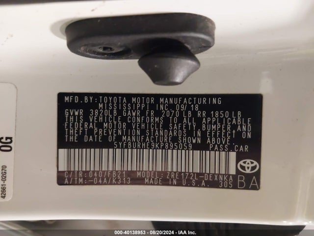 Toyota COROLLA LE 2019 5YFBURHE9KP895059 Image 9