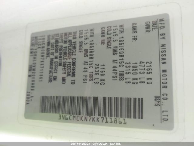 3N6CM0KN7KK711861 Nissan Nv200 S
