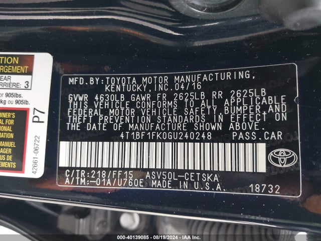 Toyota CAMRY SE 2016 4T1BF1FK0GU240248 Image 9