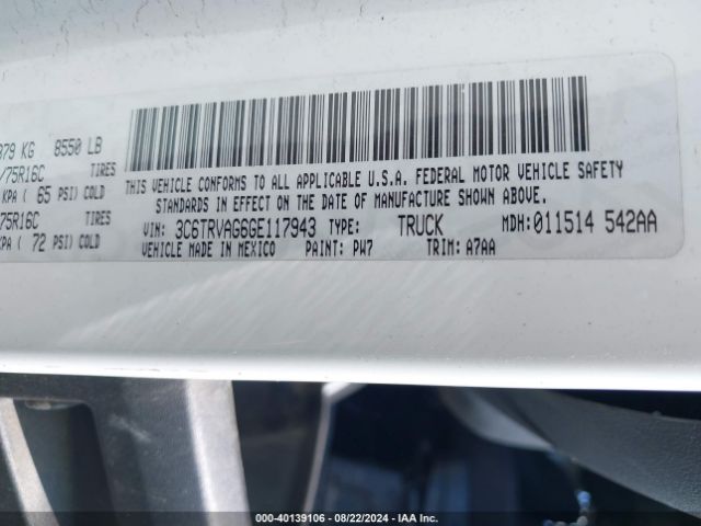 3C6TRVAG6GE117943 RAM Promaster 1500 Low Roof