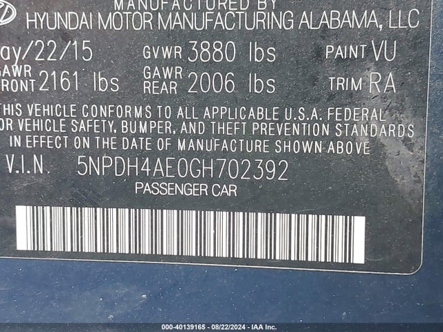 Hyundai ELANTRA SE 2016 5NPDH4AE0GH702392 Image 9