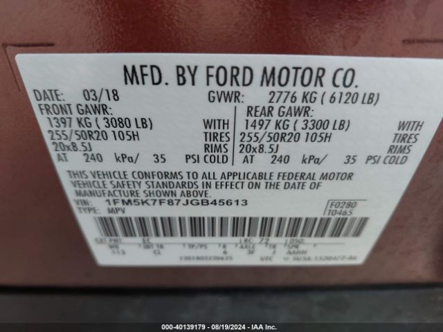 1FM5K7F87JGB45613 Ford Explorer Limited