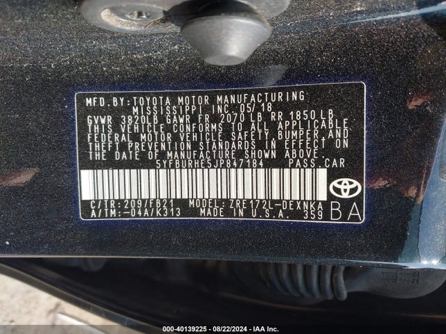 Toyota COROLLA LE 2018 5YFBURHE5JP847184 Image 9