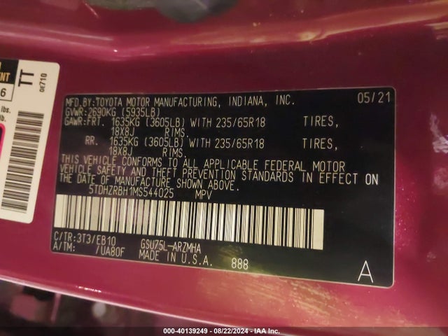Toyota Highlander Xle 2021 5TDHZRBH1MS544025 Image 9