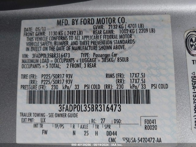 Aukcja sprzedaży 2011 Ford Fusion Hybrid, vin: 3FADP0L35BR316473, numer aukcji: 40139256