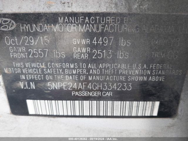 5NPE24AF4GH334233 Hyundai SONATA SE
