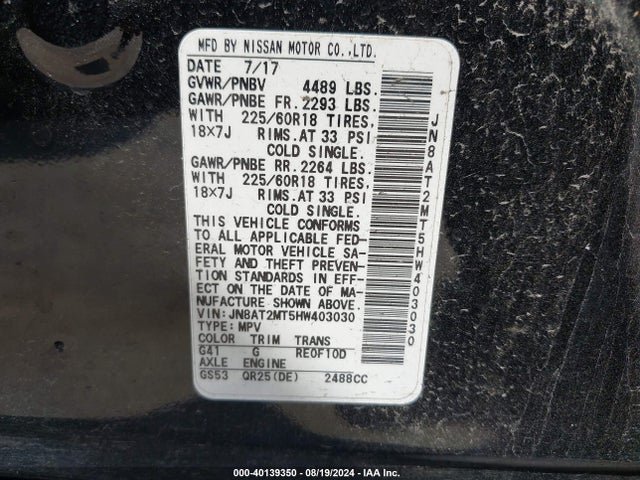 Nissan Rogue Sl 2017 JN8AT2MT5HW403030 Image 9