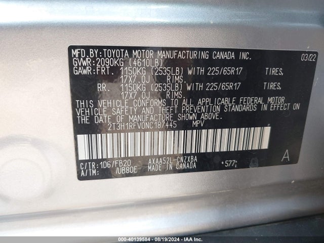 Toyota RAV4 LE 2022 2T3H1RFV0NC187445 Image 9