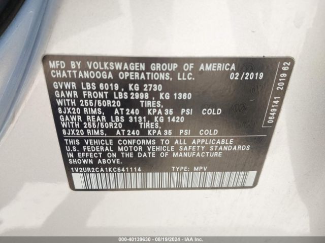 1V2UR2CA1KC541114 Volkswagen Atlas 3.6l V6 Se W/technology