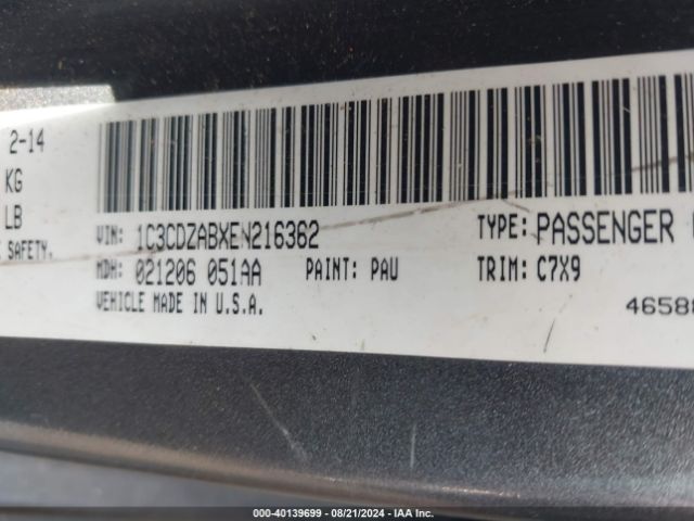 1C3CDZABXEN216362 Dodge AVENGER SE
