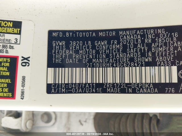 Toyota COROLLA L 2016 2T1BURHE4GC628421 Image 9