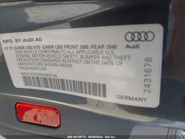 40139773 :رقم المزاد ، WAUC4CF52MA063149 vin ، 2021 Audi S5 Sportback Premium Plus Tfsi Quattro Tiptronic مزاد بيع
