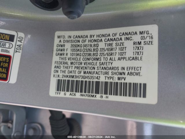 2HKRM3H73GH535142 Honda Cr-v Ex-l