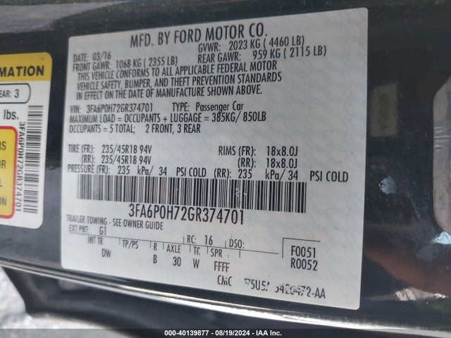 Ford FUSION SE 2016 3FA6P0H72GR374701 Image 9