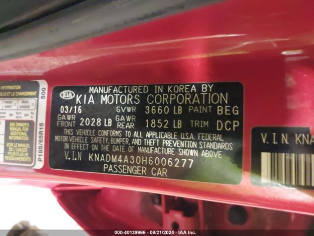 KNADM4A30H6006277 KIA RIO LX