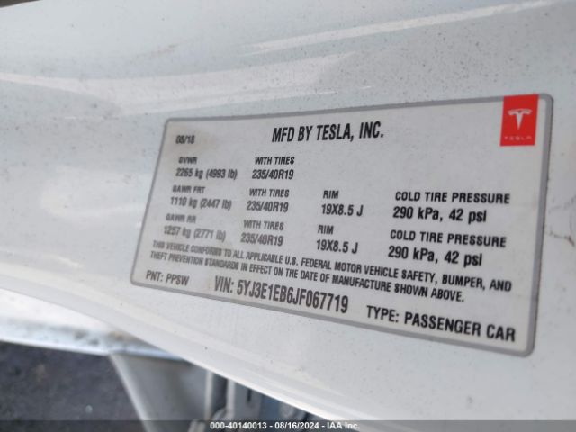 5YJ3E1EB6JF067719 Tesla Model 3 Long Range/performance