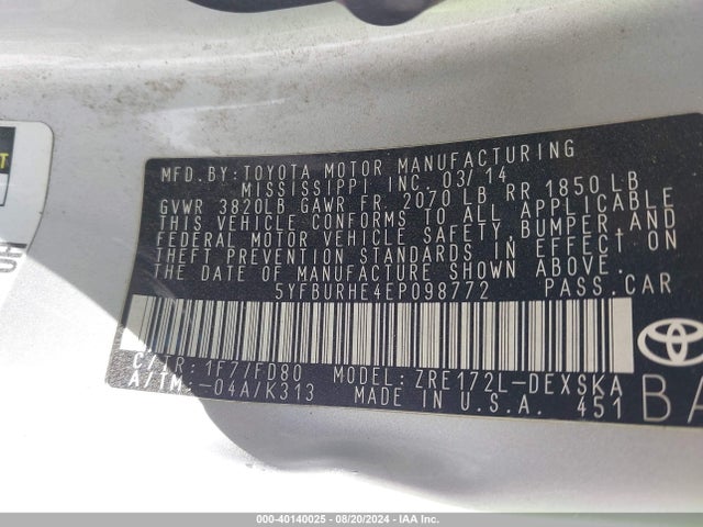 Toyota Corolla S Plus 2014 5YFBURHE4EP098772 Image 9
